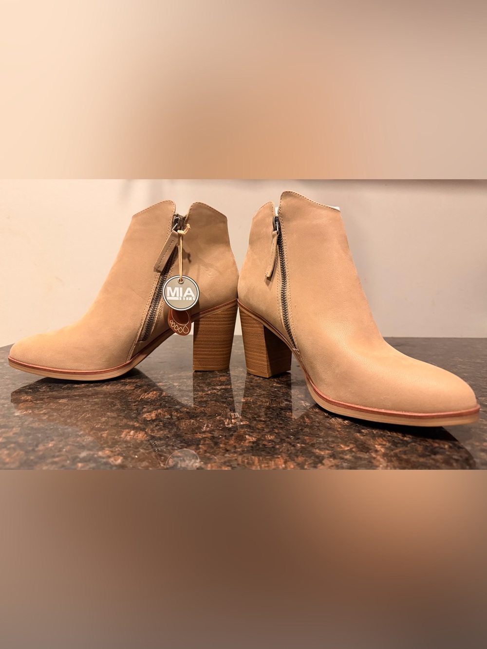 MIA Beige Suede Block Heel Ankle Booties: SIZE 9